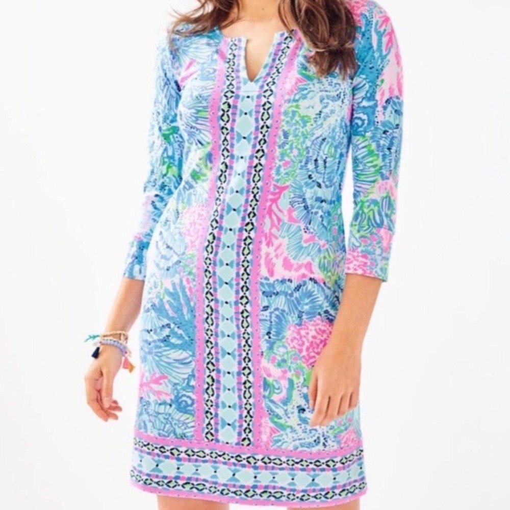 Lilly Pulitzer Small Nadine Dress Pink Blue ChillyLilly UPF 50+ Meryl 3/4 Sleeve
